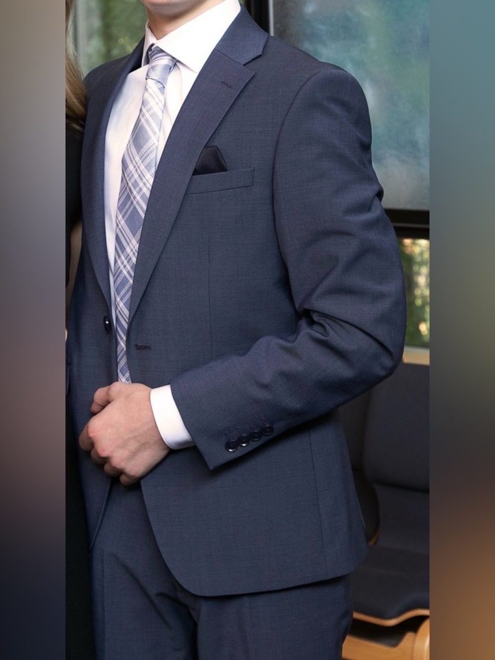 Bar III Slim Fit Medium Blue Suit 36S Jacket + 30x30 Pants Stretch Wool Blend